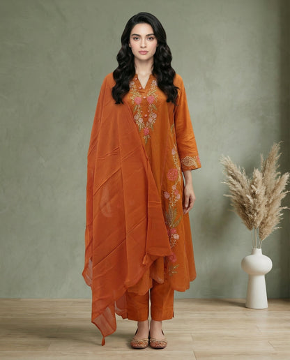Orange Floral Embroidered Kurta Set with Straight Pants & Dupatta | 3-Piece Ethnic Suit