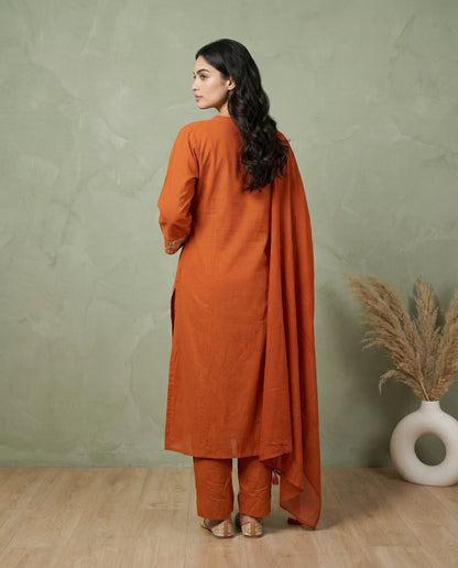Orange Floral Embroidered Kurta Set with Straight Pants & Dupatta | 3-Piece Ethnic Suit